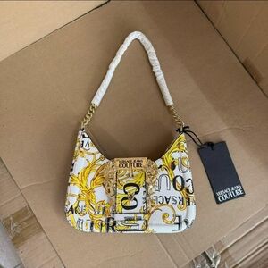 Versace Jeans Couture White & Yellow Baroque Logo Shoulder Bag